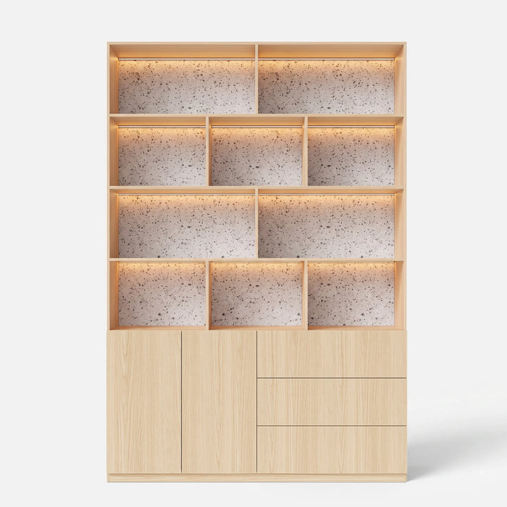 Storage Cabinet with Open Shelves and Drawers-Natural