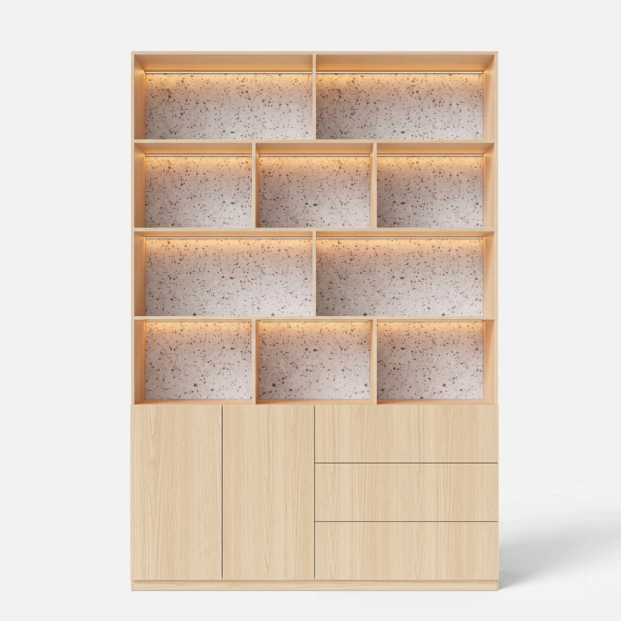 Storage Cabinet with Open Shelves and Drawers-Natural