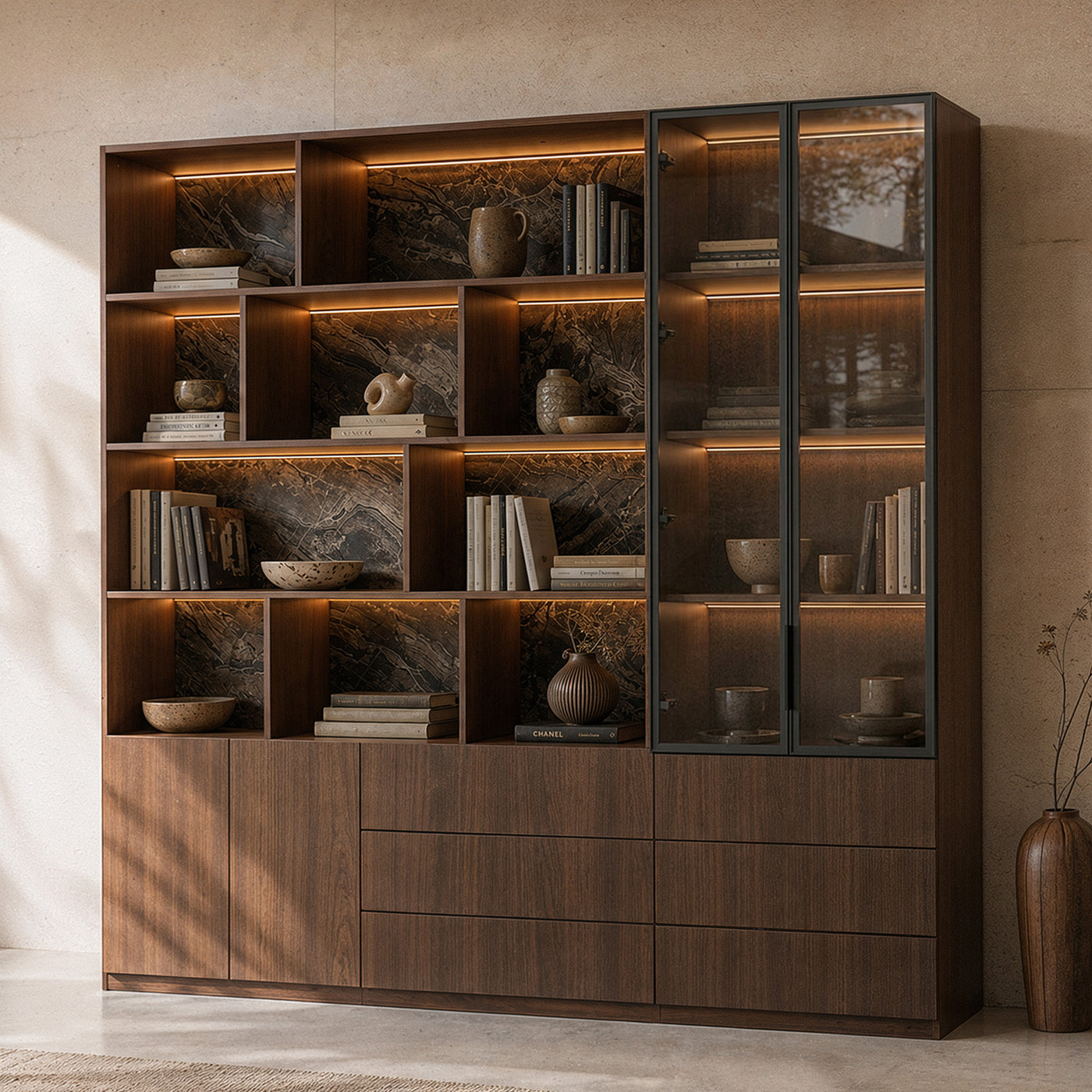 Bookcase Storage Cabinet Set with Drawers-Brown