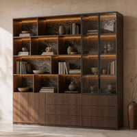 Bookcase Storage Cabinet Set with Drawers-Brown
