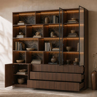 Bookcase Storage Cabinet Set with Drawers-Brown
