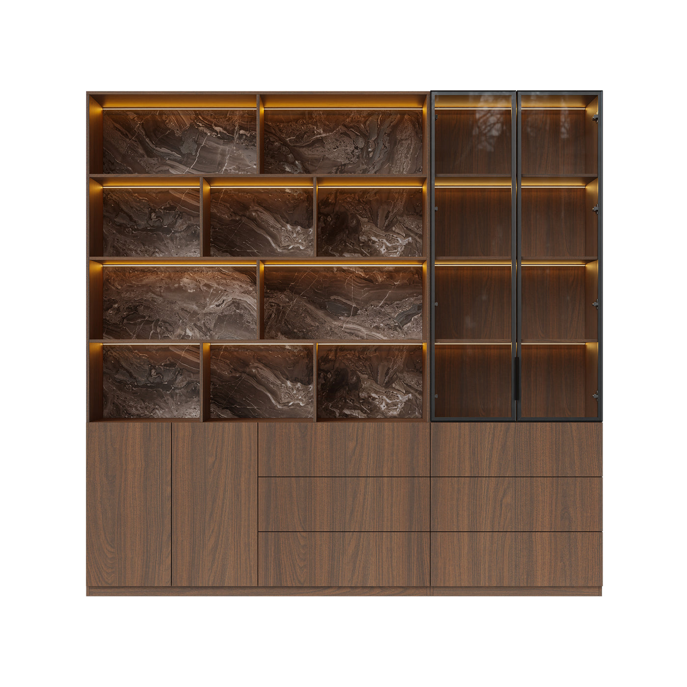 Bookcase Storage Cabinet Set with Drawers-Brown