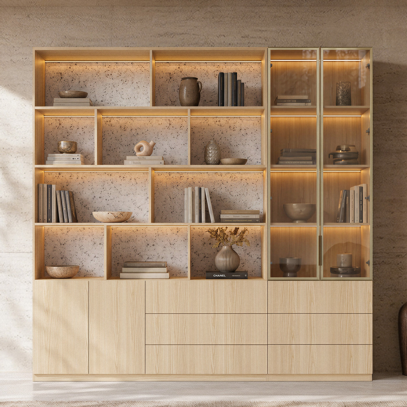 Bookcase Storage Cabinet Set with Drawers-Natural