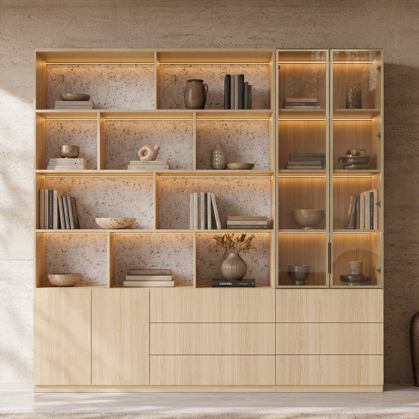 Bookcase Storage Cabinet Set with Drawers-Natural