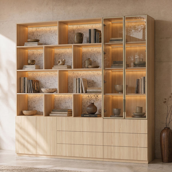 Bookcase Storage Cabinet Set with Drawers-Natural