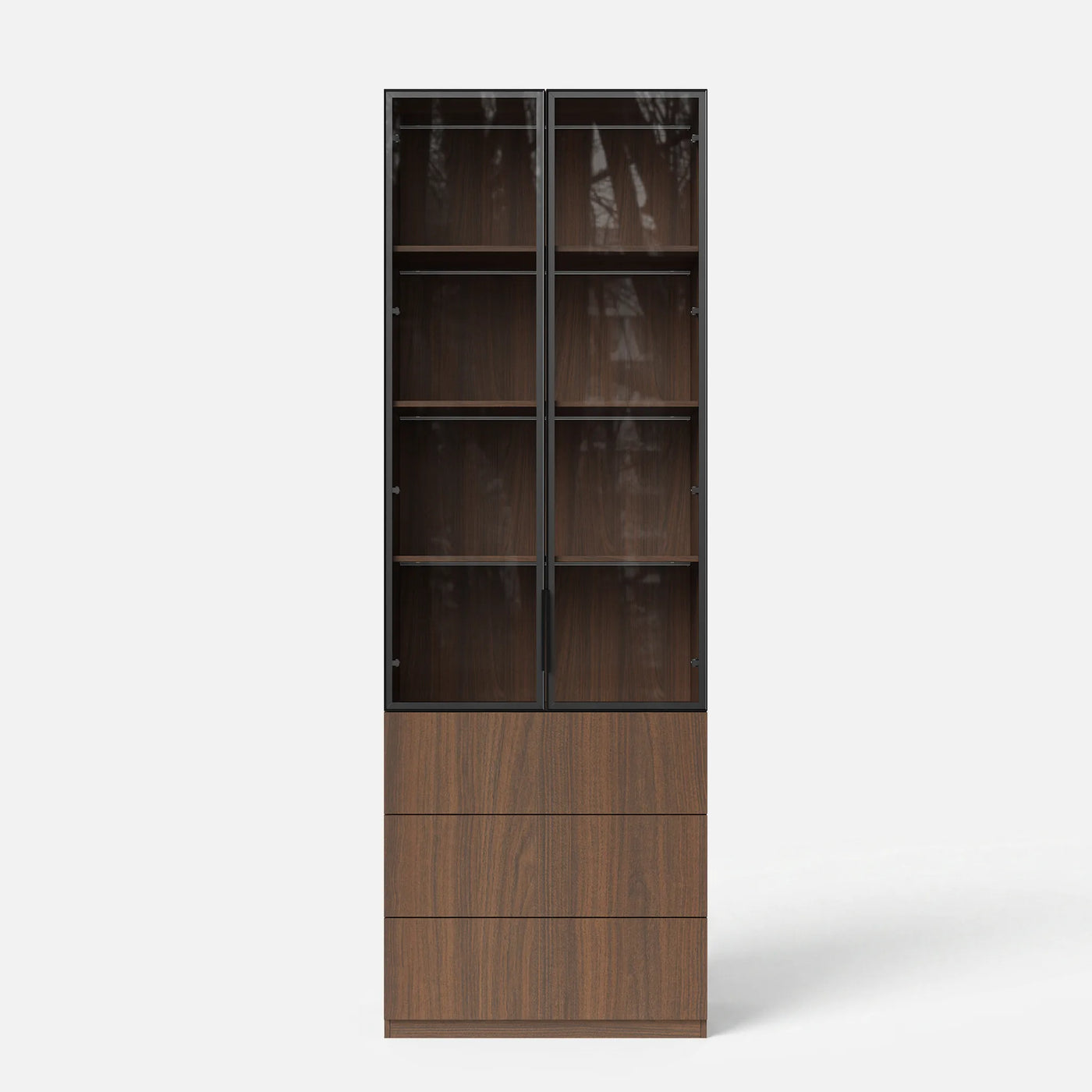 2-Door Glass Display Cabinet with 3 Drawers-Brown