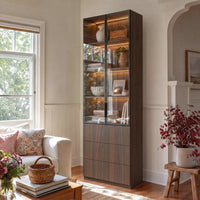 2-Door Glass Display Cabinet with 3 Drawers-Brown