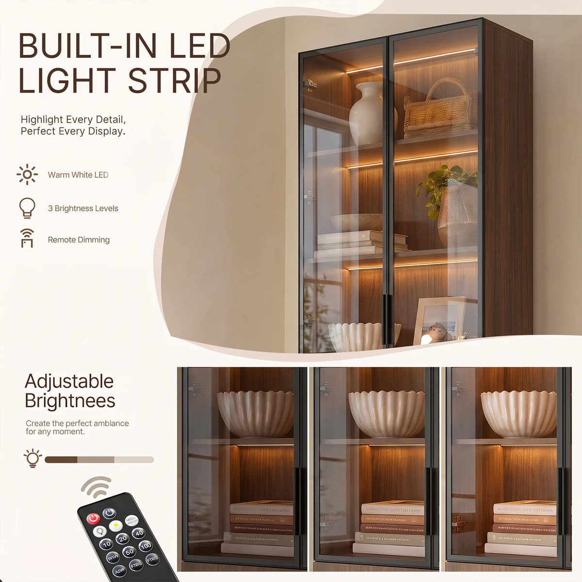 2-Door Glass Display Cabinet with 3 Drawers-Brown