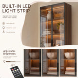 2-Door Glass Display Cabinet with 3 Drawers-Brown