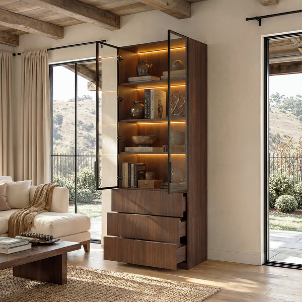 Glass Display Cabinet with 3 Drawers-Brown