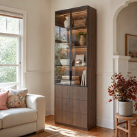 2-Door Glass Display Cabinet with 3 Drawers-Brown