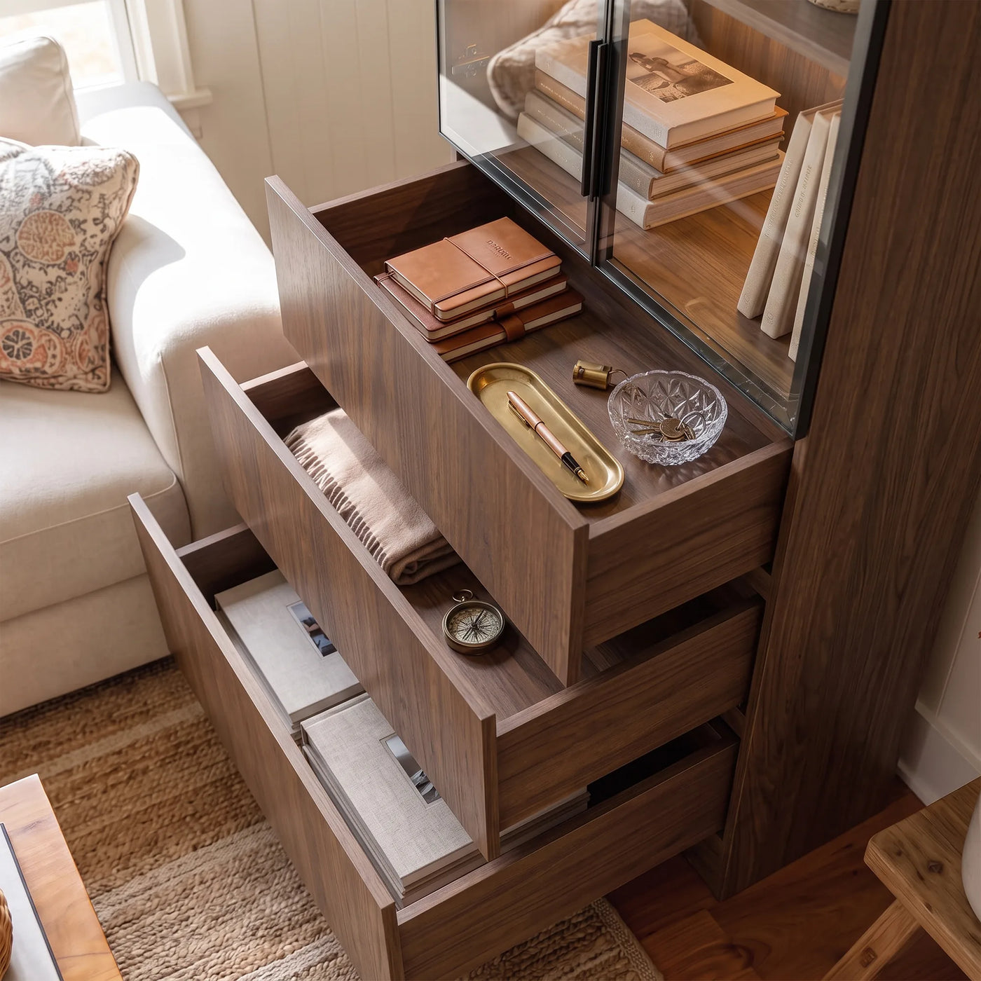 2-Door Glass Display Cabinet with 3 Drawers-Brown