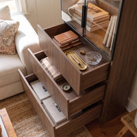 2-Door Glass Display Cabinet with 3 Drawers-Brown