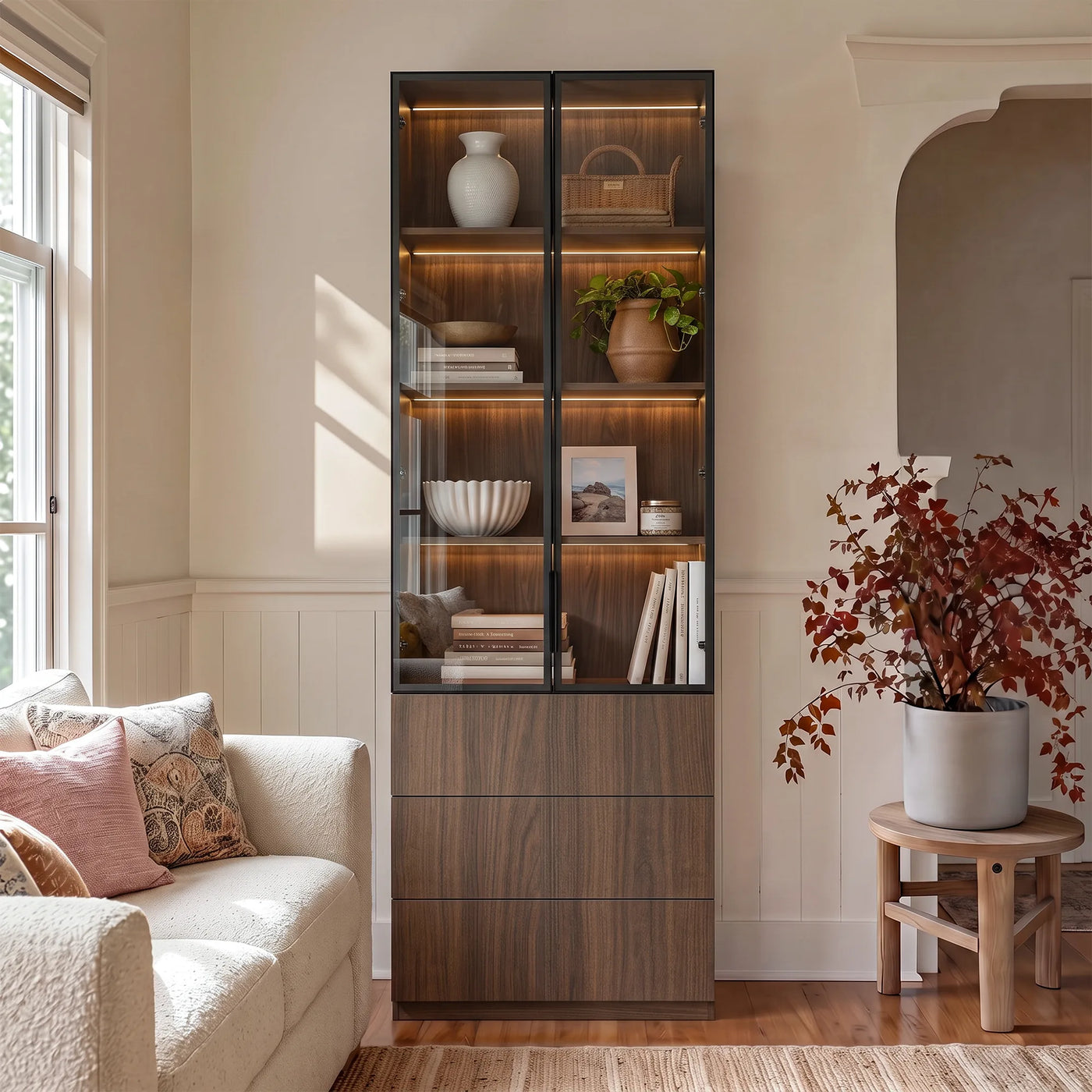 2-Door Glass Display Cabinet with 3 Drawers-Brown