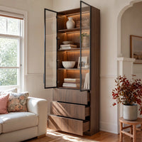 2-Door Glass Display Cabinet with 3 Drawers-Brown