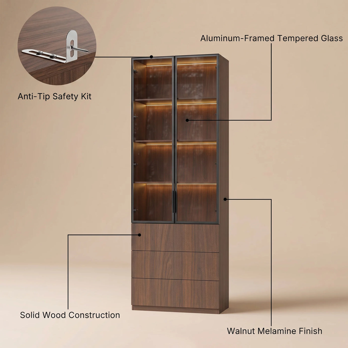 2-Door Glass Display Cabinet with 3 Drawers-Brown