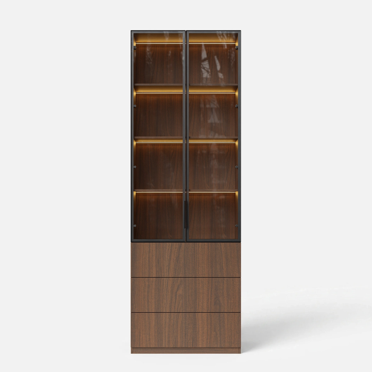 2-Door Glass Display Cabinet with 3 Drawers-Brown