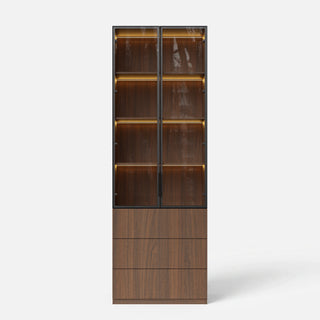 2-Door Glass Display Cabinet with 3 Drawers-Brown