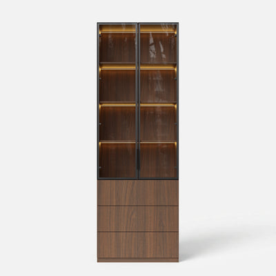2-Door Glass Display Cabinet with 3 Drawers-Brown