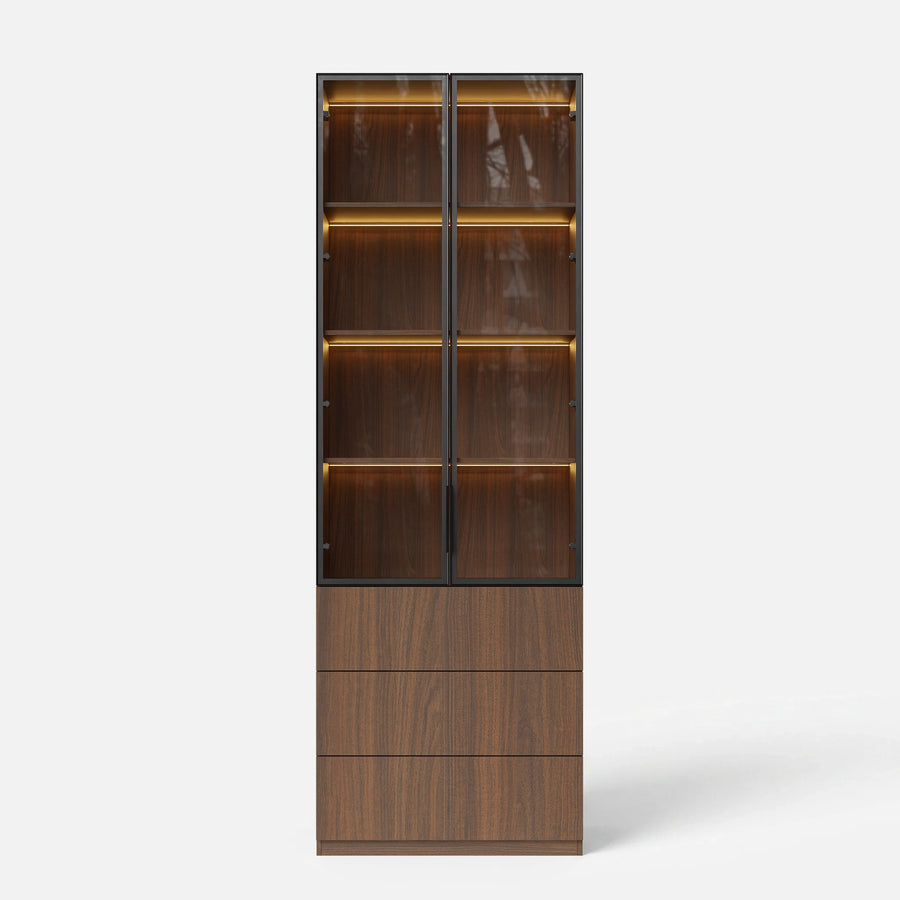 2-Door Glass Display Cabinet with 3 Drawers-Brown