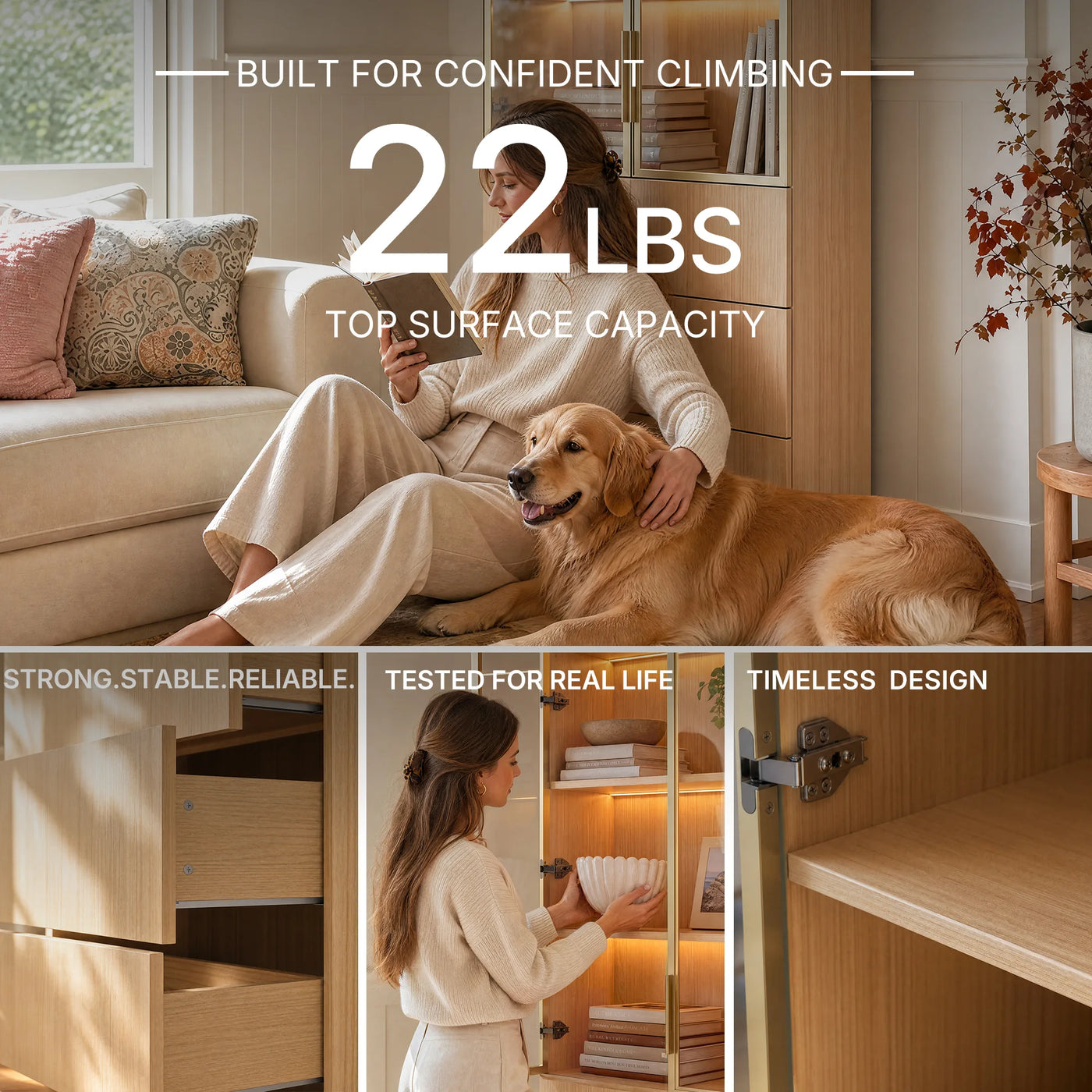 2-Door Glass Display Cabinet with 3 Drawers-Natural