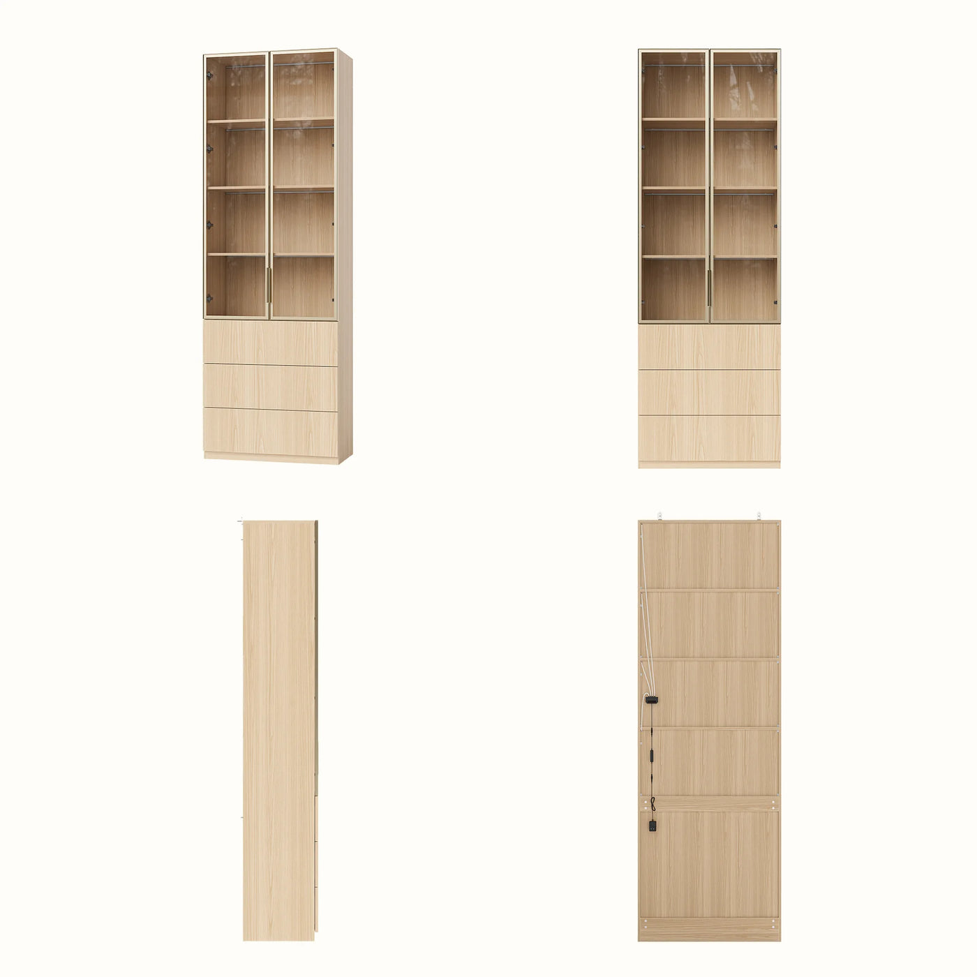 2-Door Glass Display Cabinet with 3 Drawers-Natural