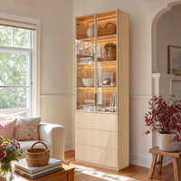 2-Door Glass Display Cabinet with 3 Drawers-Natural