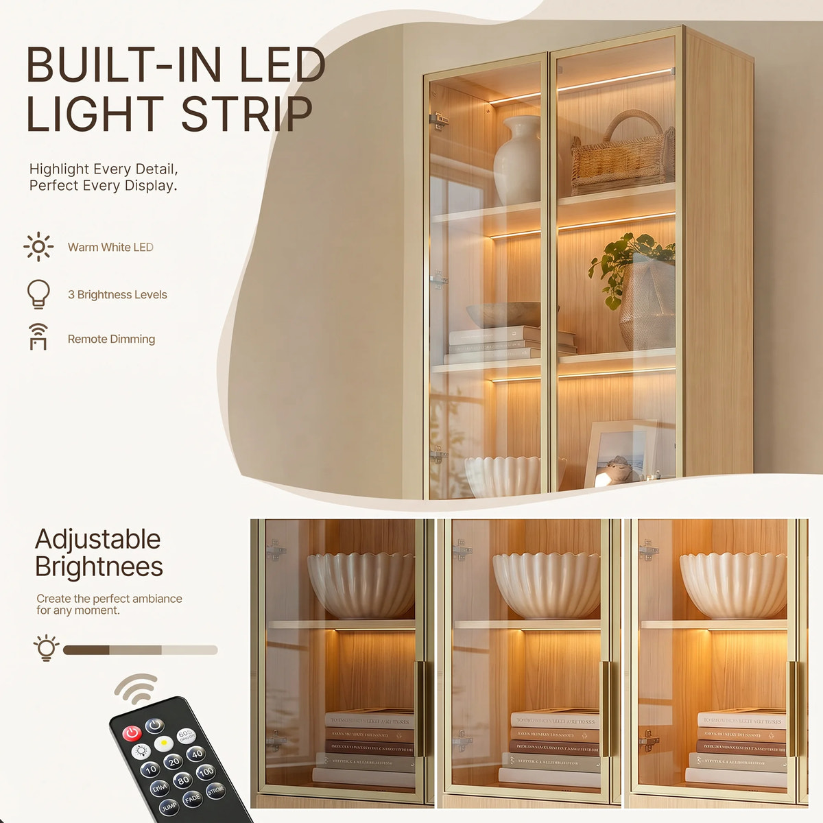 2-Door Glass Display Cabinet with 3 Drawers-Natural