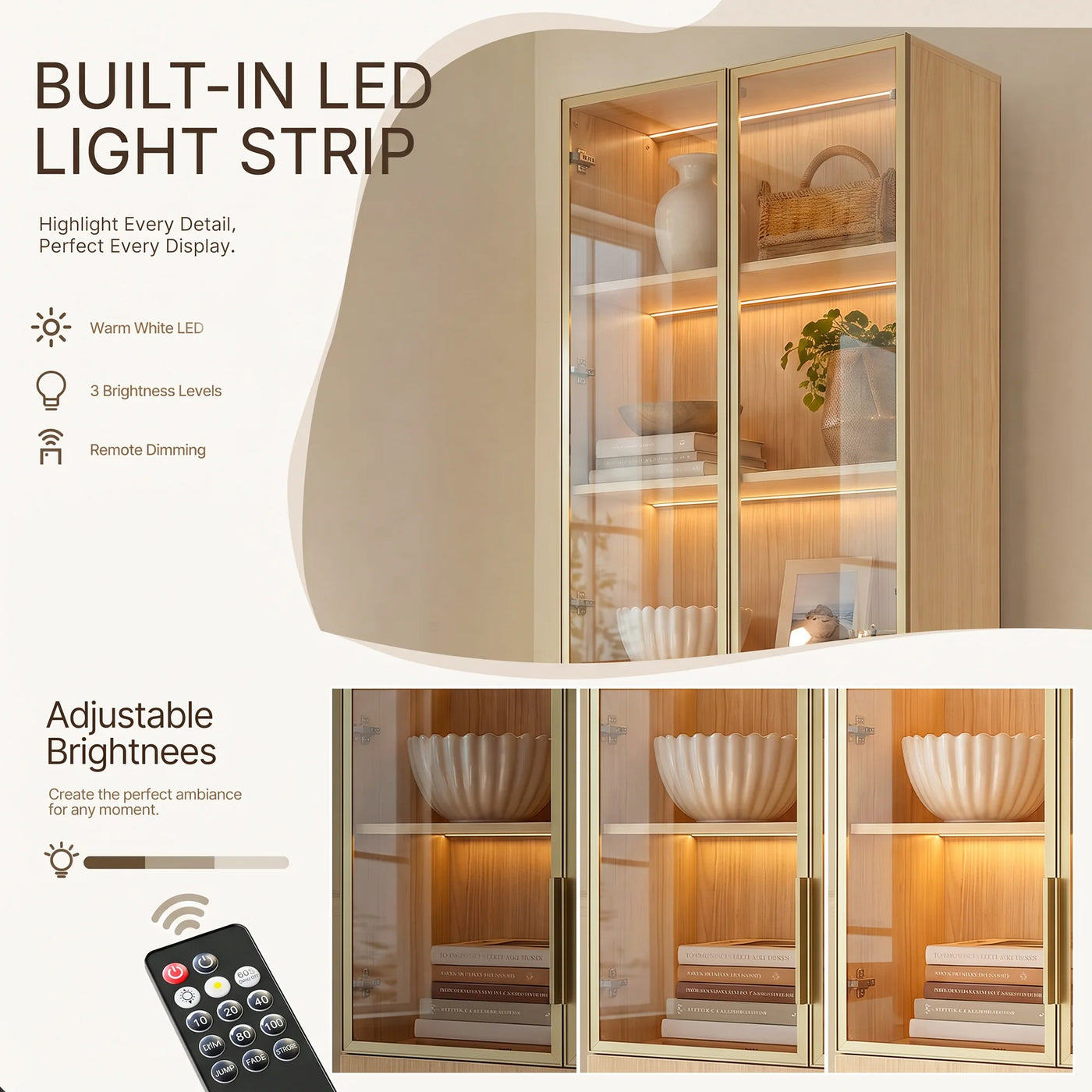2-Door Glass Display Cabinet with 3 Drawers-Natural