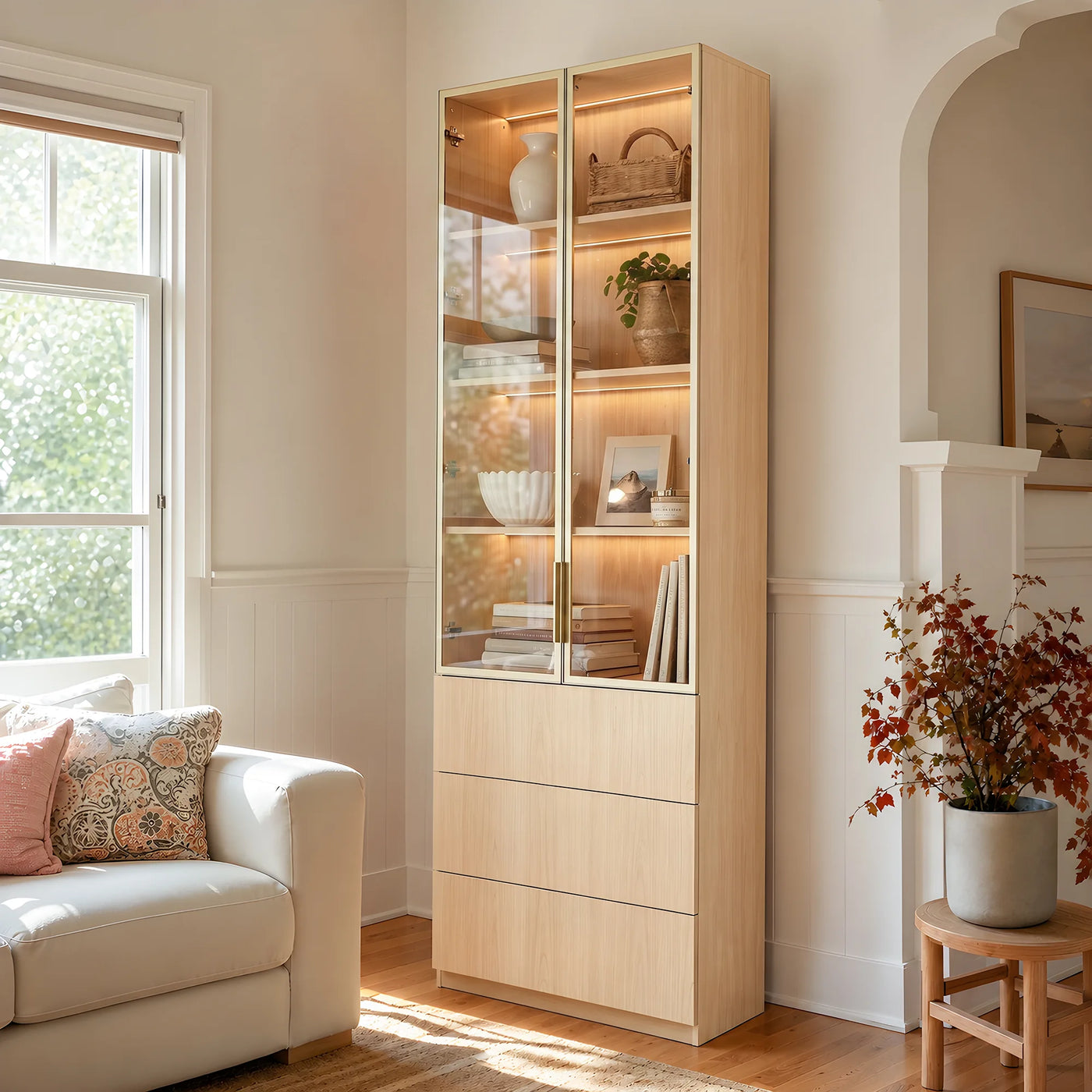 2-Door Glass Display Cabinet with 3 Drawers-Natural
