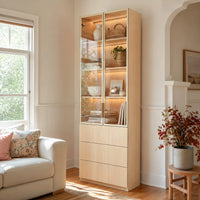 2-Door Glass Display Cabinet with 3 Drawers-Natural