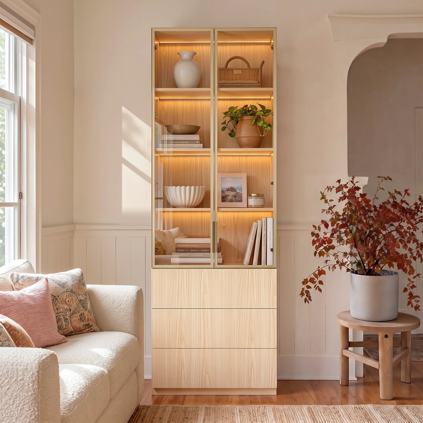 2-Door Glass Display Cabinet with 3 Drawers-Natural