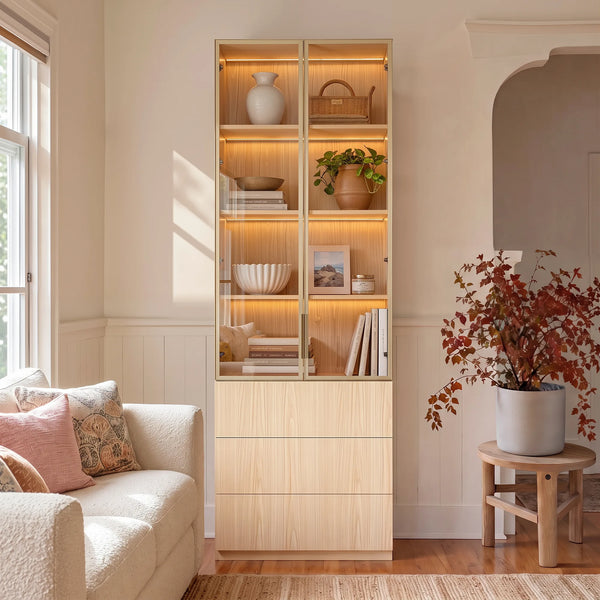 2-Door Glass Display Cabinet with 3 Drawers-Natural