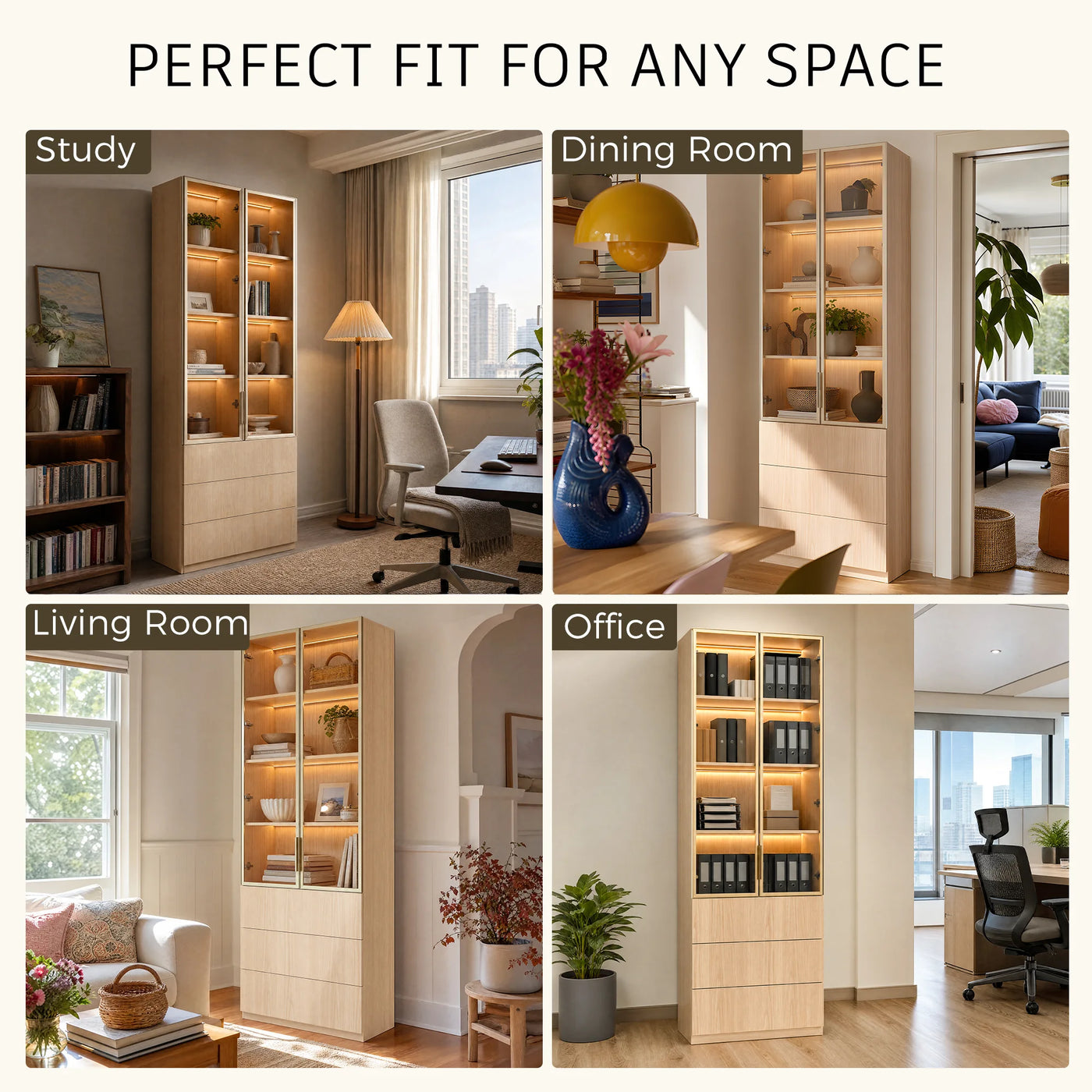 2-Door Glass Display Cabinet with 3 Drawers-Natural