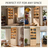 2-Door Glass Display Cabinet with 3 Drawers-Natural
