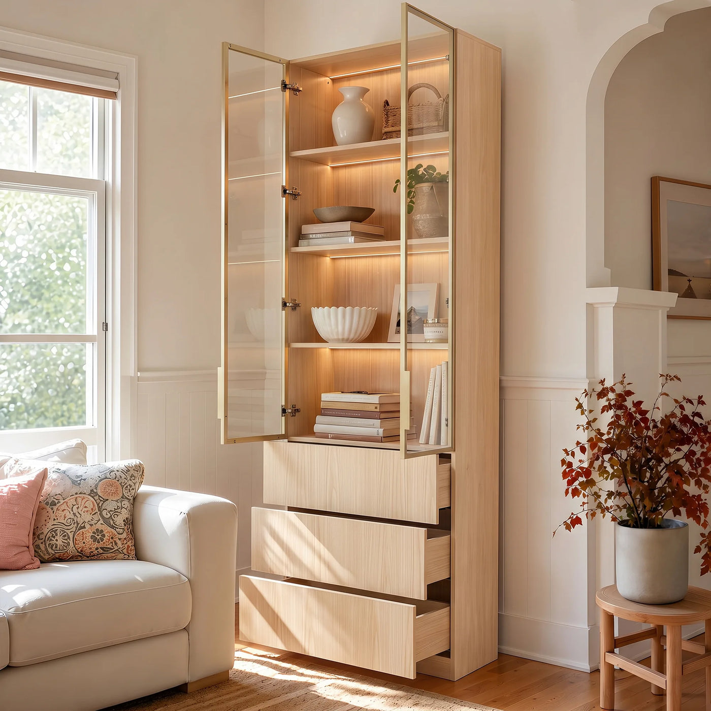 2-Door Glass Display Cabinet with 3 Drawers-Natural