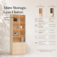 2-Door Glass Display Cabinet with 3 Drawers-Natural