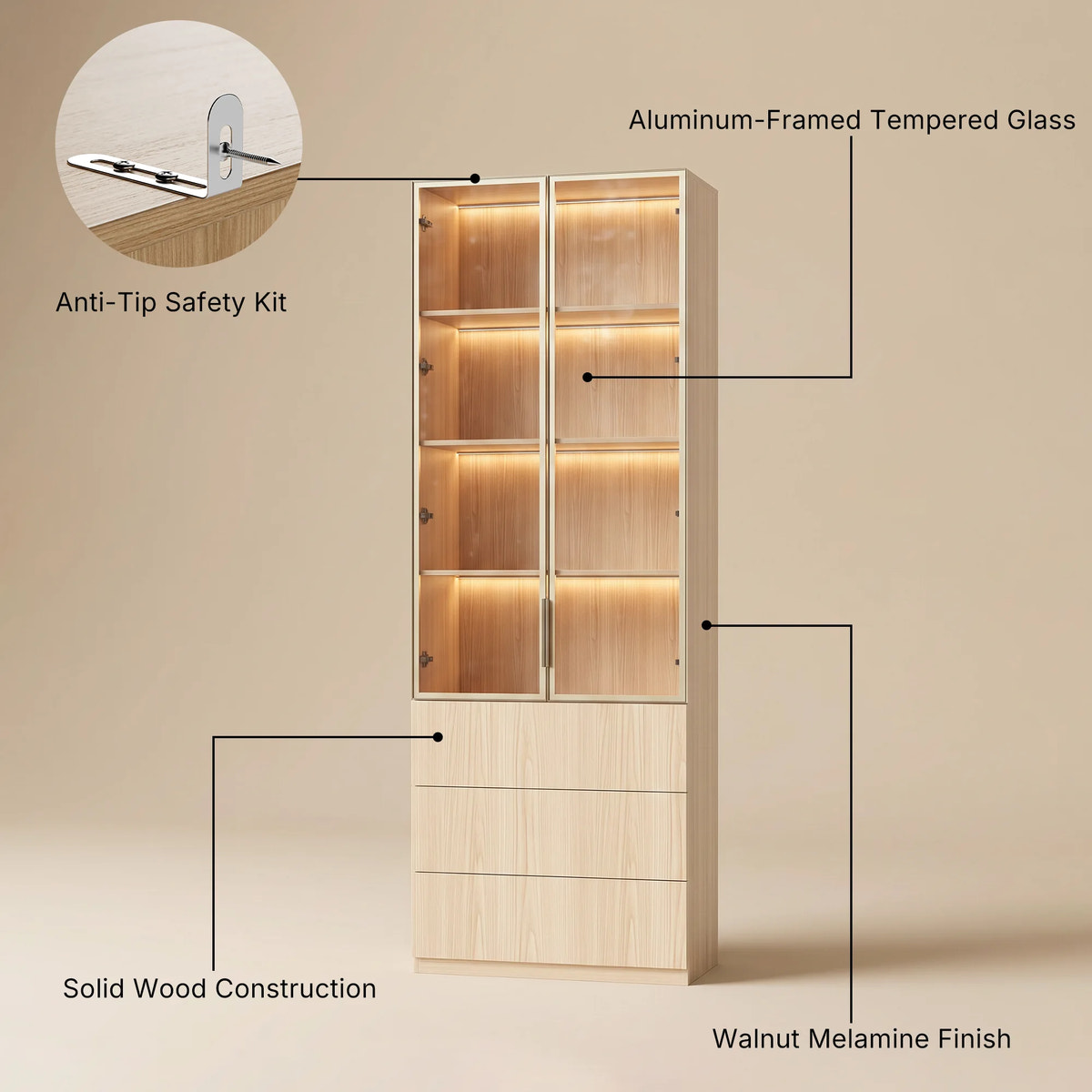 2-Door Glass Display Cabinet with 3 Drawers-Natural