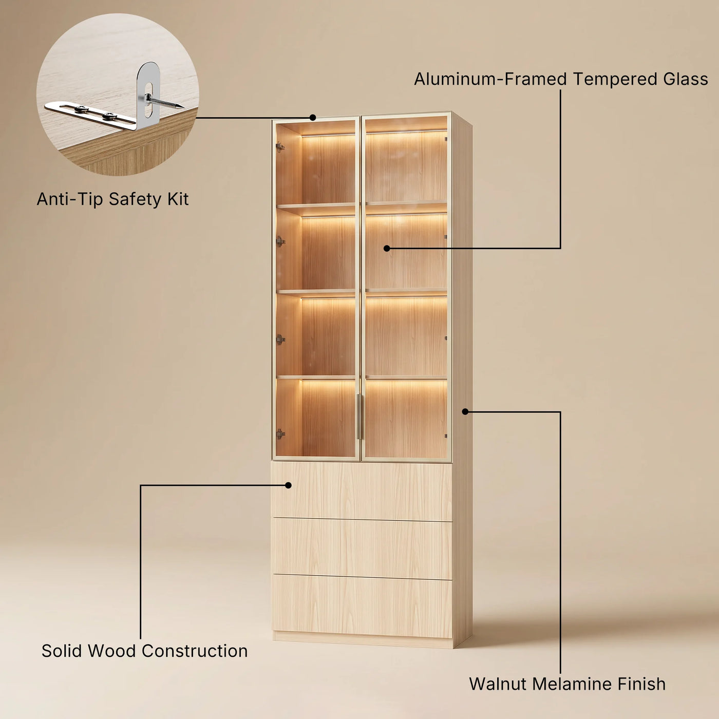 2-Door Glass Display Cabinet with 3 Drawers-Natural