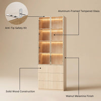 2-Door Glass Display Cabinet with 3 Drawers-Natural