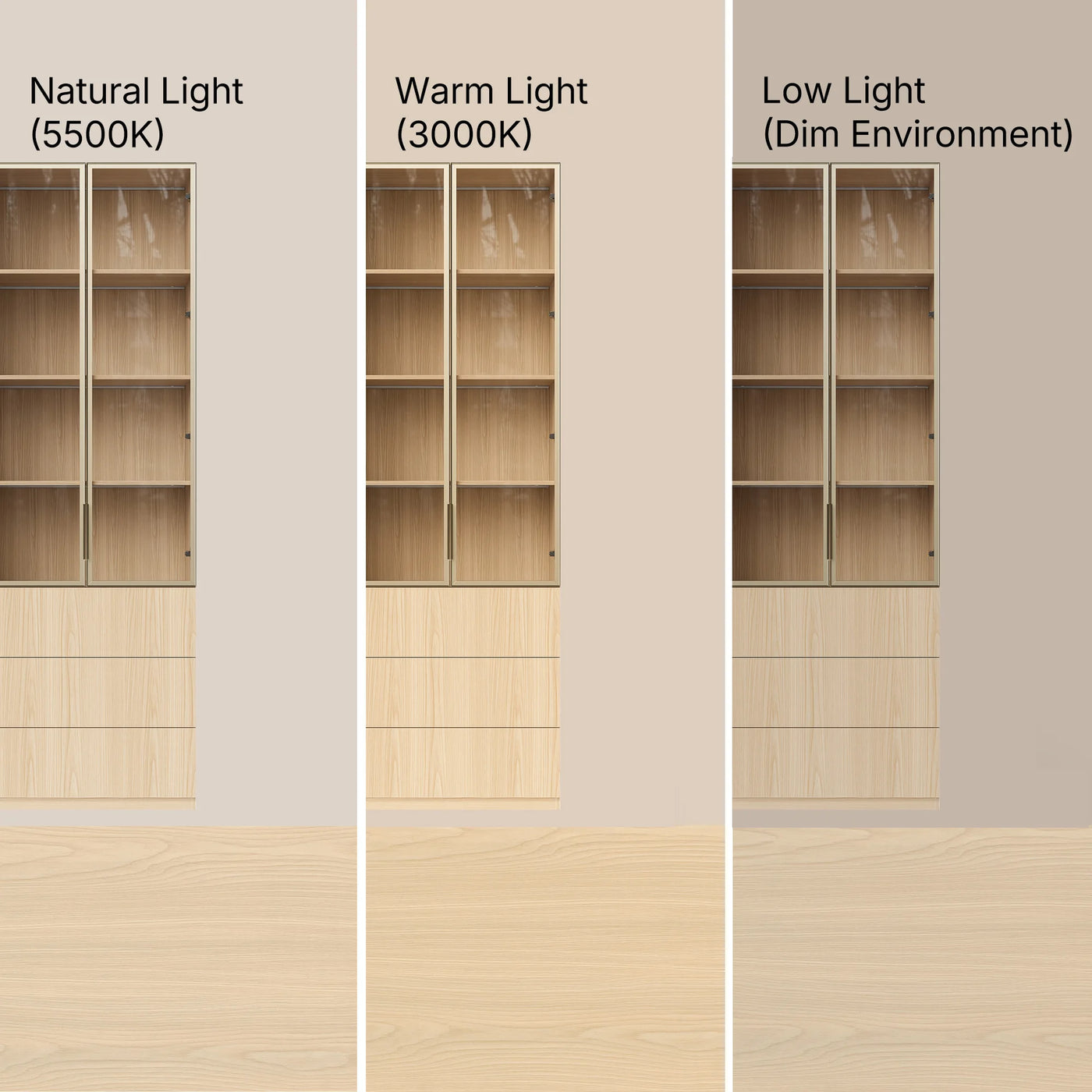 2-Door Glass Display Cabinet with 3 Drawers-Natural