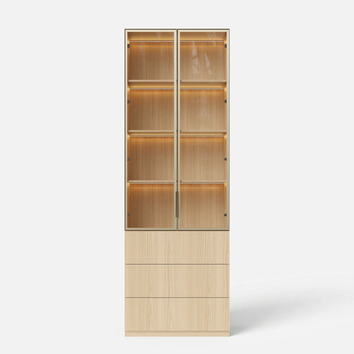 2-Door Glass Display Cabinet with 3 Drawers-Natural