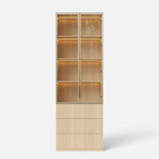 2-Door Glass Display Cabinet with 3 Drawers-Natural