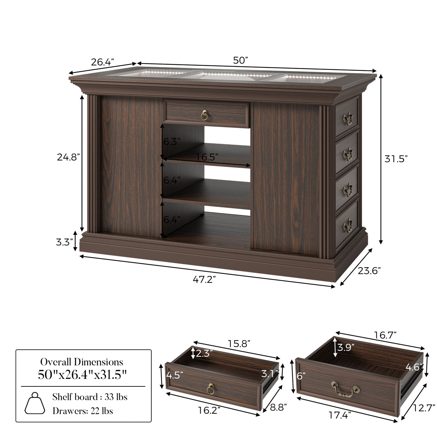 Kitchen Island with Drawers and Storage-Brown