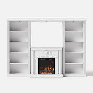 White Entertainment Center with Built-In Electric Fireplace and 5-Tier Bookcases