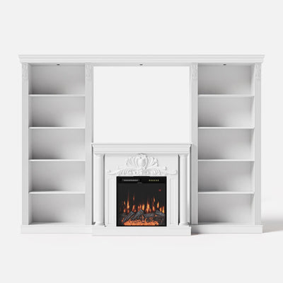 White Entertainment Center with Built-In Electric Fireplace and 5-Tier Bookcases