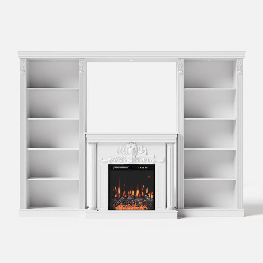 White Entertainment Center with Built-In Electric Fireplace and 5-Tier Bookcases