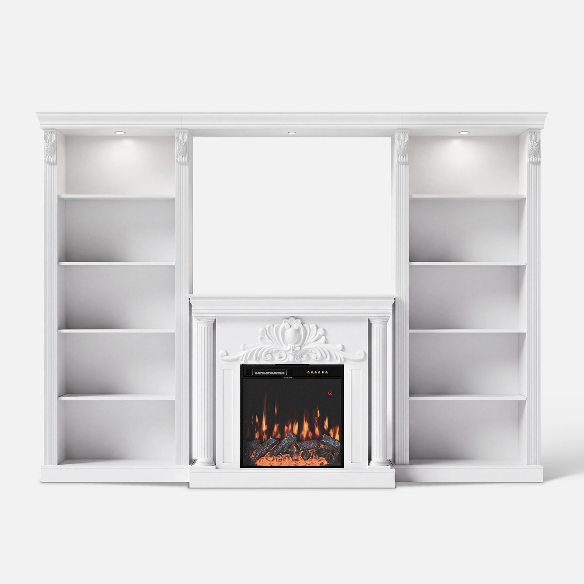 White Entertainment Center with Built-In Electric Fireplace and 5-Tier Bookcases