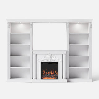 White Entertainment Center with Built-In Electric Fireplace and 5-Tier Bookcases