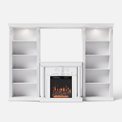White Entertainment Center with Built-In Electric Fireplace and 5-Tier Bookcases